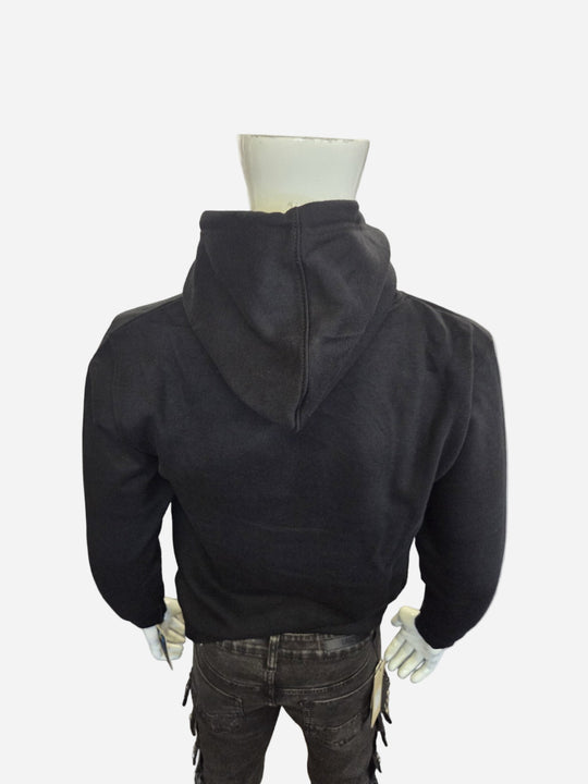 Black hoodie on a mannequin against a white background