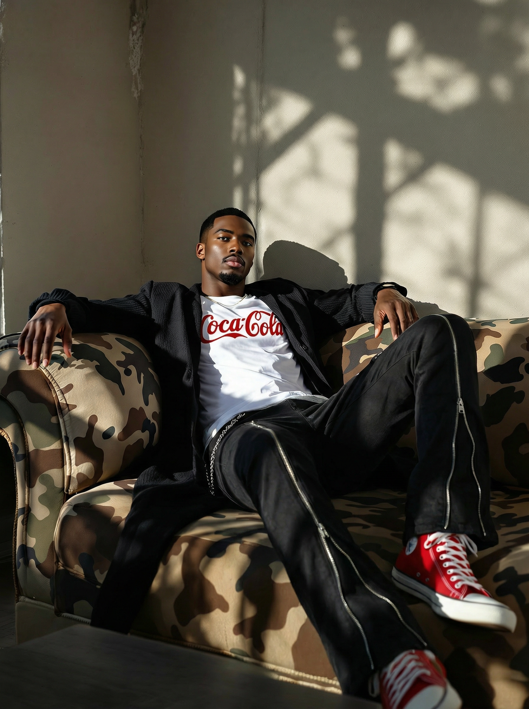 Man wearing a Coca-Cola t-shirt sitting on a camouflage-patterned couch.