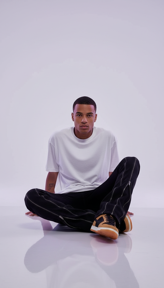 Person sitting on a reflective surface with a plain background