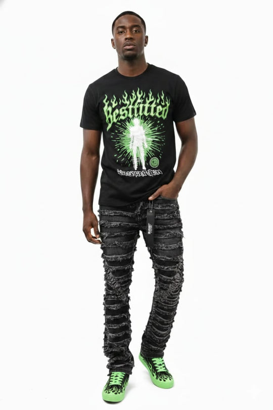 Best Fitted" Streetwear Graphic Tee – Black Heavyweight T-Shirt with Neon Flame & Aura Design | Y2K Urban Fashion