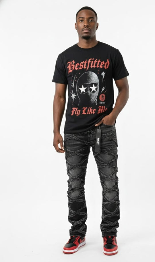 Bestfitted "Fly Like Me" Graphic T-Shirt | Black Urban Streetwear Tee with Gothic Lettering & Ski Mask Design