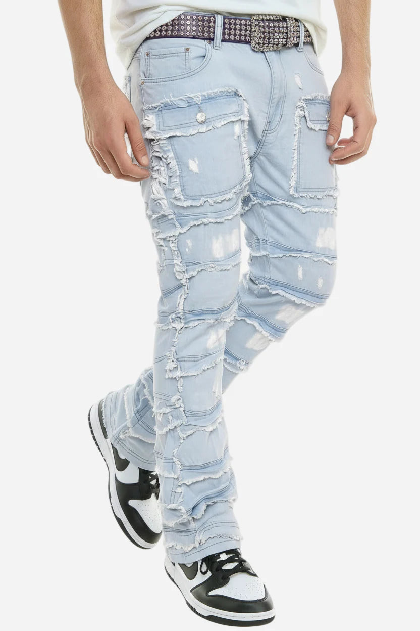 Statement Layered Distressed Jeans - Best Fitted Blue Stack with Fringe Detail