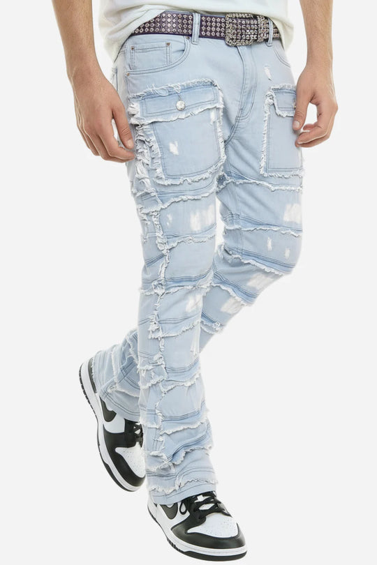 Statement Layered Distressed Jeans - Best Fitted Blue Stack with Fringe Detail