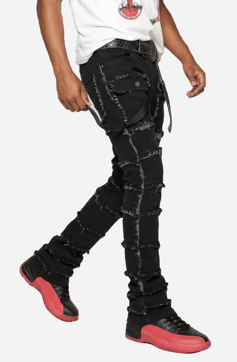 Statement Layered Distressed Jeans - Best Fitted Black Stack with Fringe Detail