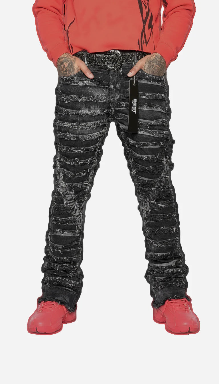 Rip Stack Extreme Ripped Stack Jeans - Best Fitted Black Fringe Layered Denim