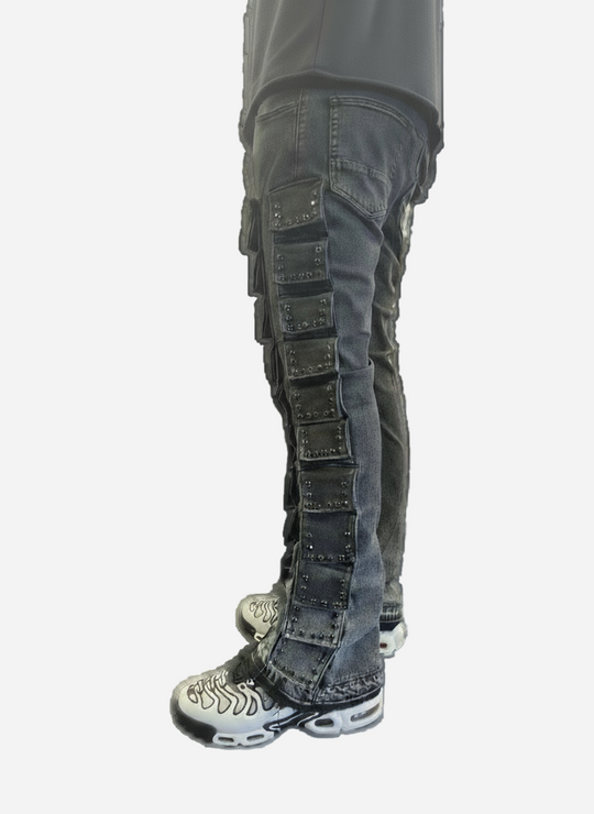 Dark gray cargo pants with multiple pockets on a white background