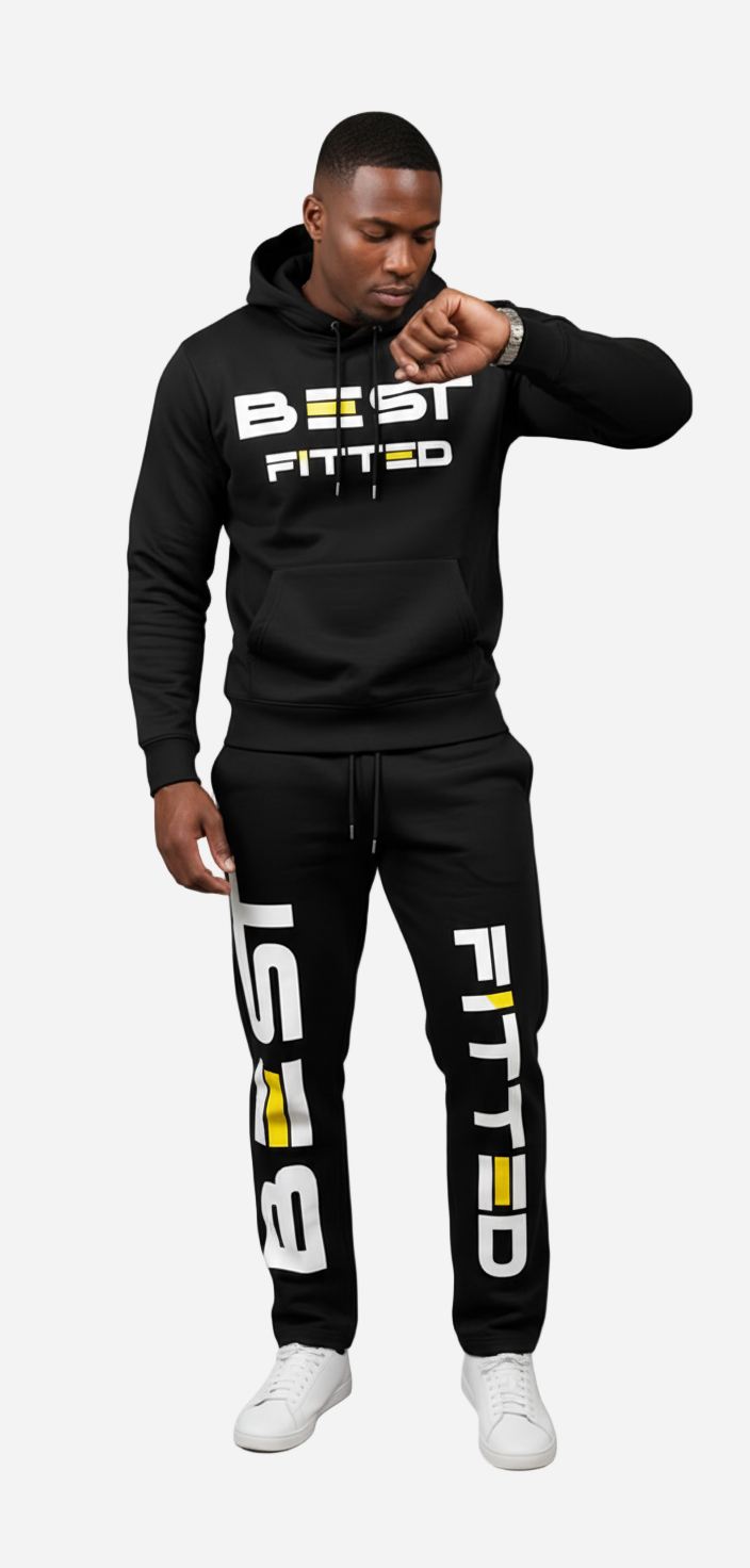 Man wearing a black tracksuit with 'Best Fitted' branding on a gray background