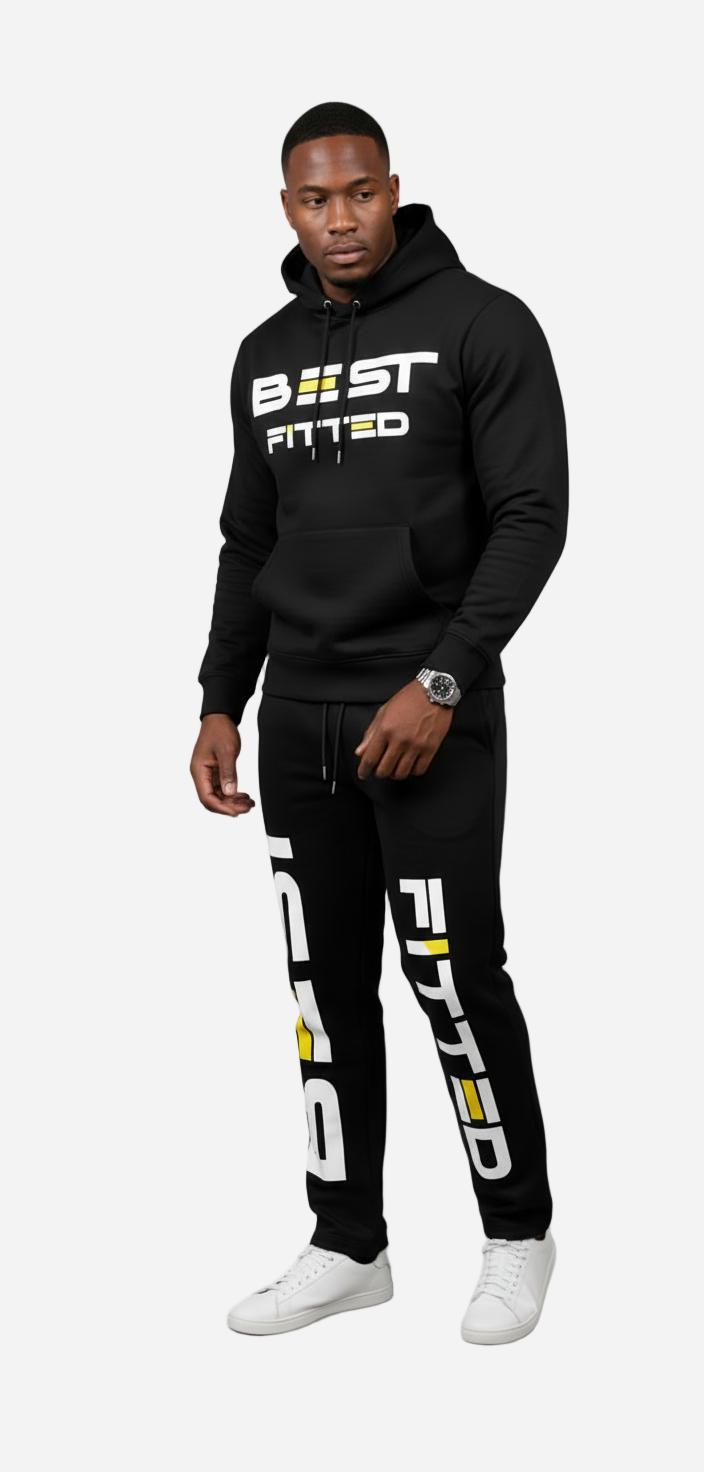Man wearing a black hoodie and pants with 'Best Fitted' branding on a gray background