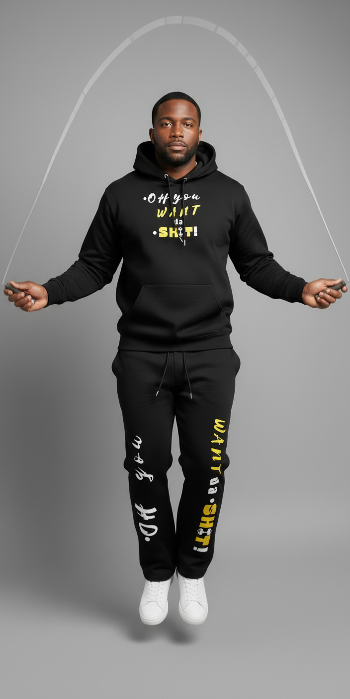 Person wearing a black hoodie and pants with text, jumping rope on a gray background