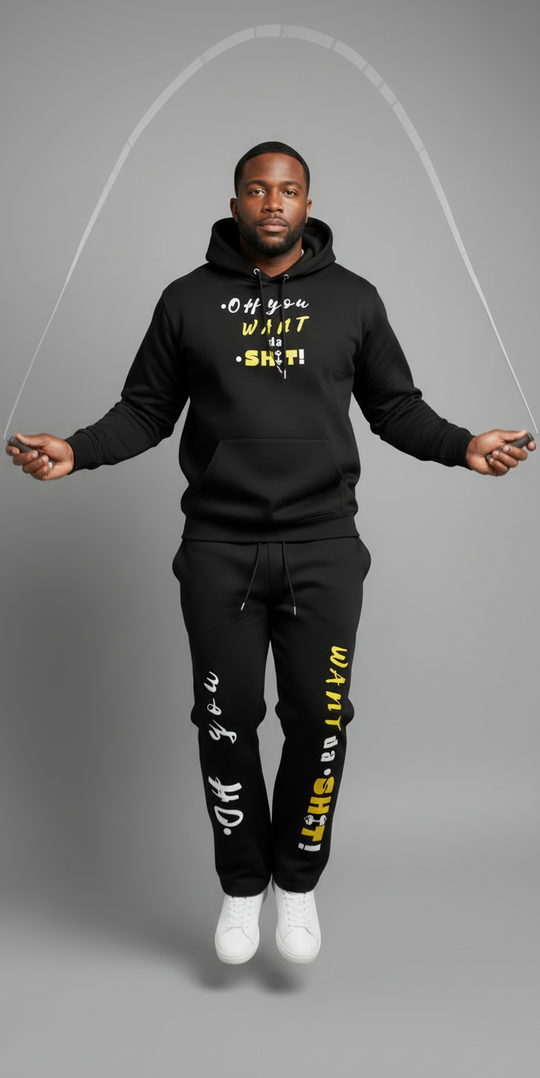 Person wearing a black hoodie and pants with text, jumping rope on a gray background
