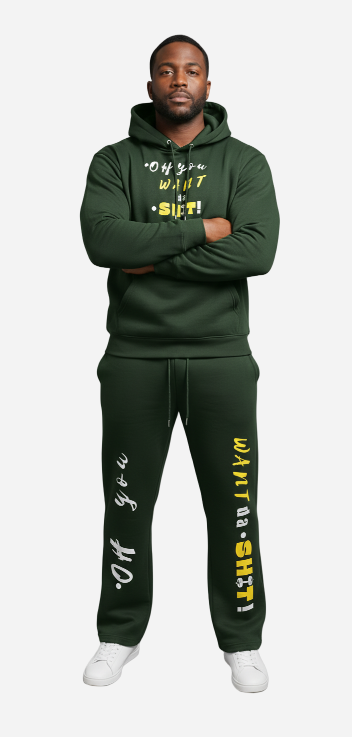Man wearing a green tracksuit with text on a white background