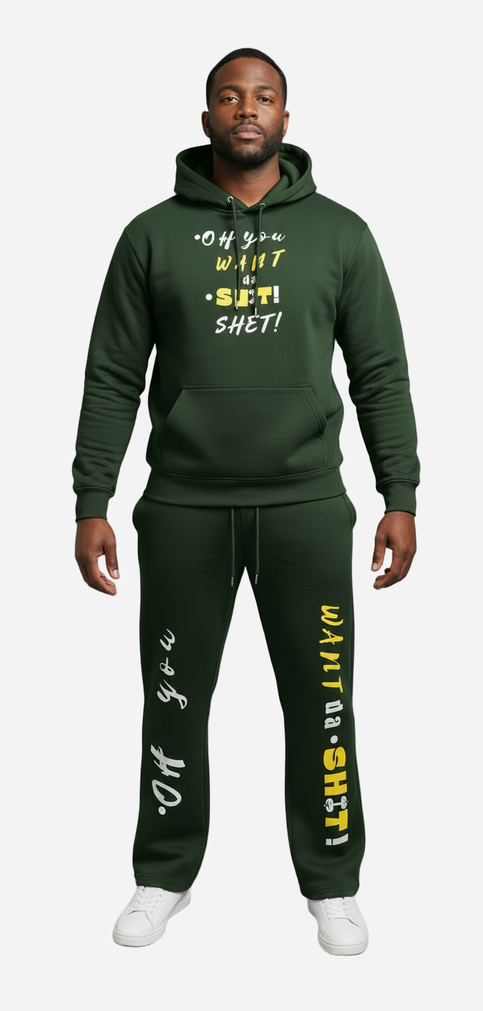 Person wearing a green hoodie and pants with text design on a white background