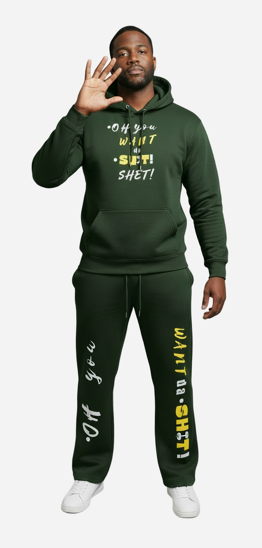 Person wearing a green hoodie and pants with text on a gray background