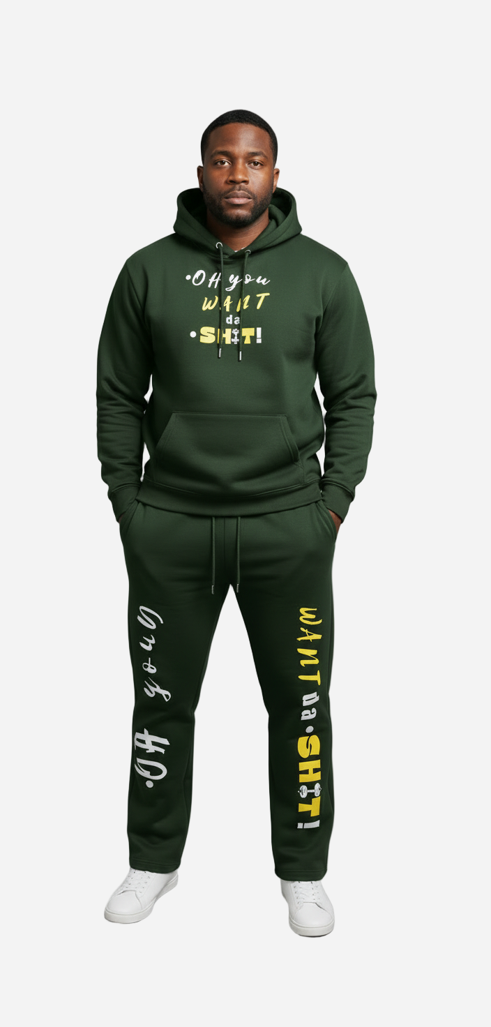 Man wearing a green hoodie and pants with text on a gray background