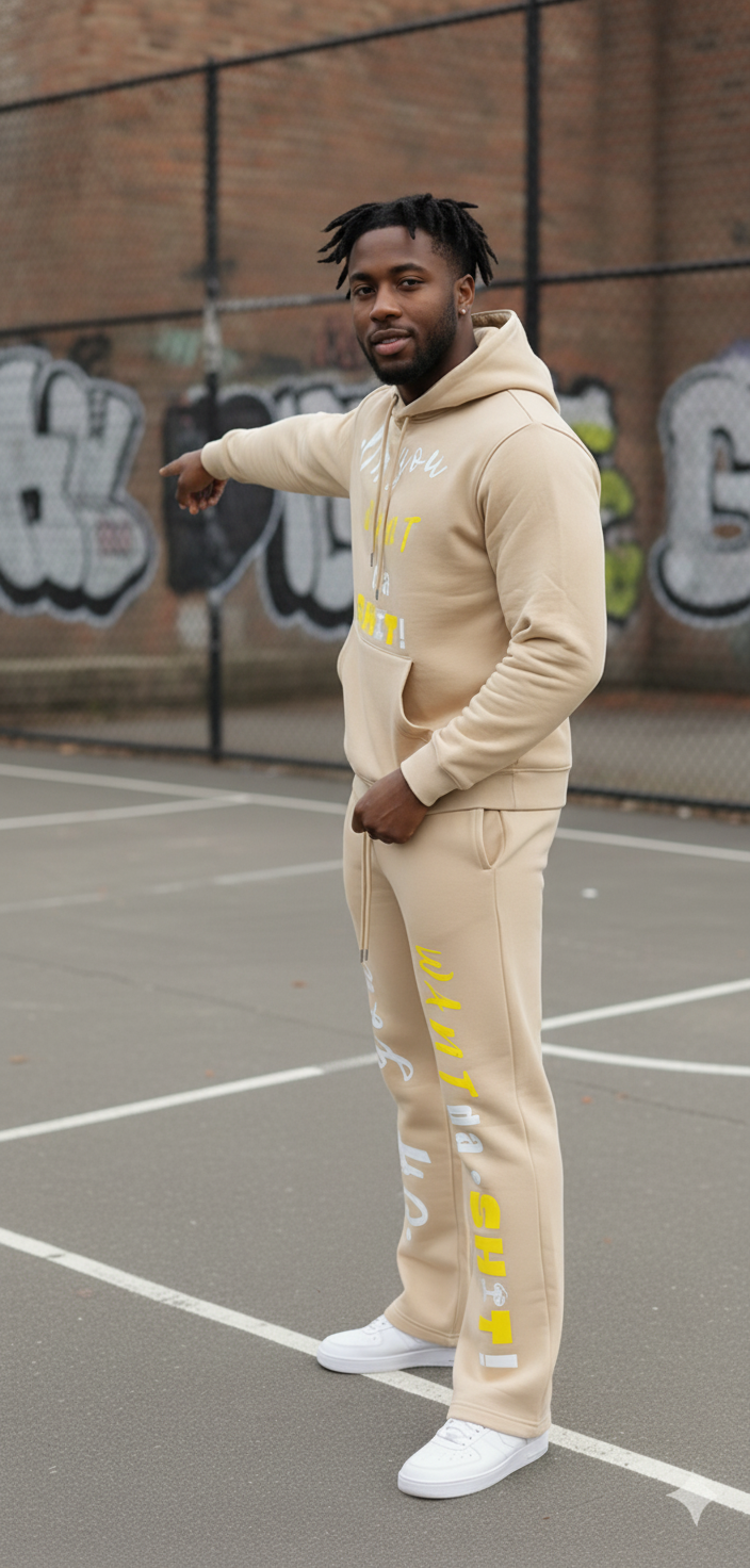 "WANT DA SH*T!" Black & Yellow Slogan Sweatsuit Set - Gray