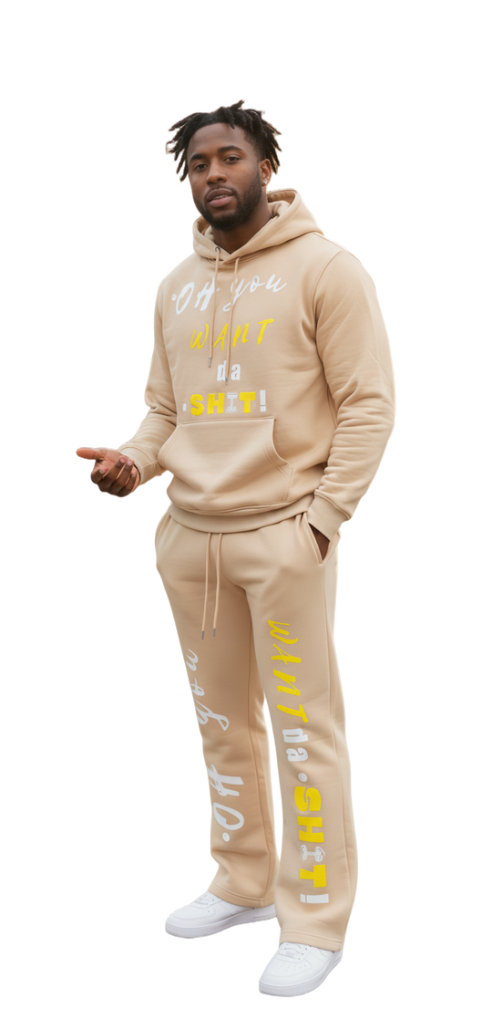 "WANT DA SH*T!" Black & Yellow Slogan Sweatsuit Set - Gray