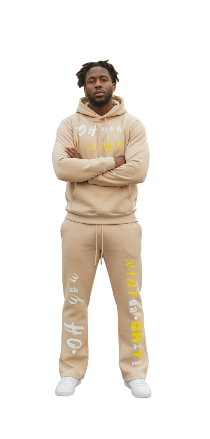 "WANT DA SH*T!" Black & Yellow Slogan Sweatsuit Set - Gray