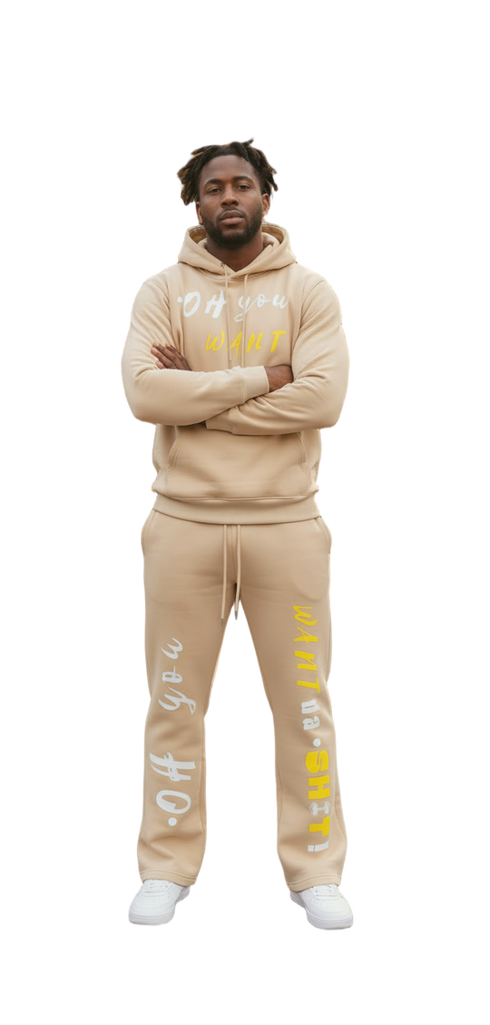 "WANT DA SH*T!" Black & Yellow Slogan Sweatsuit Set - Gray