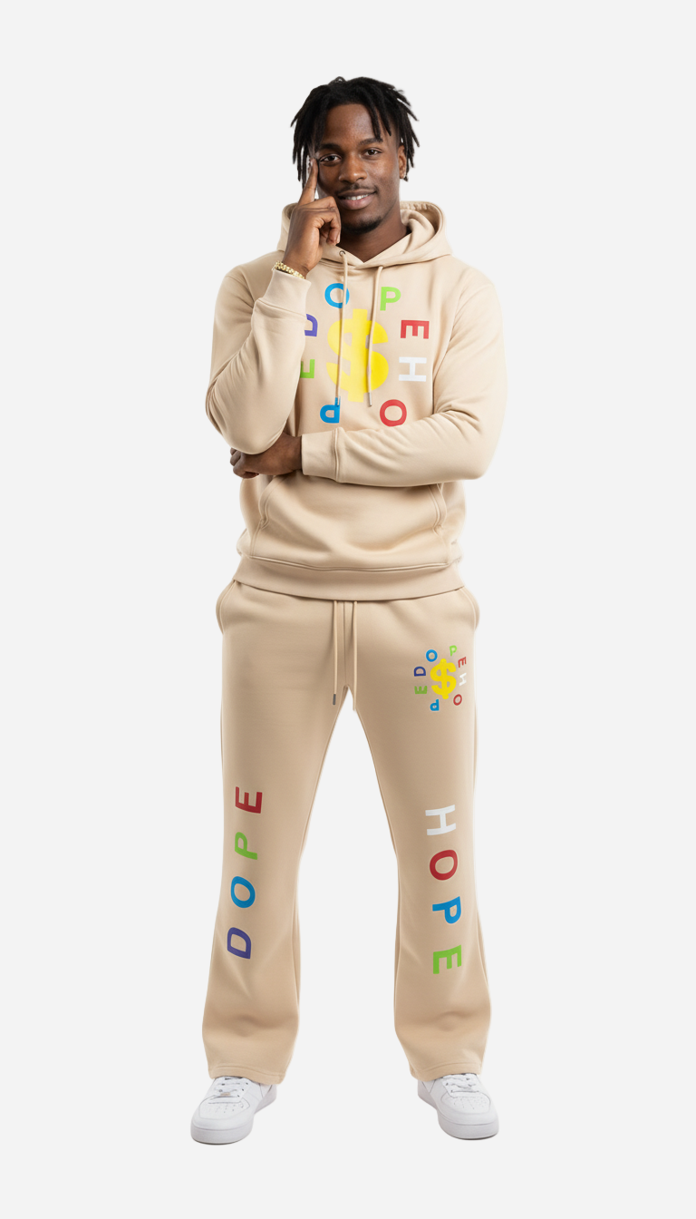 Person wearing a beige tracksuit with colorful text on a white background
