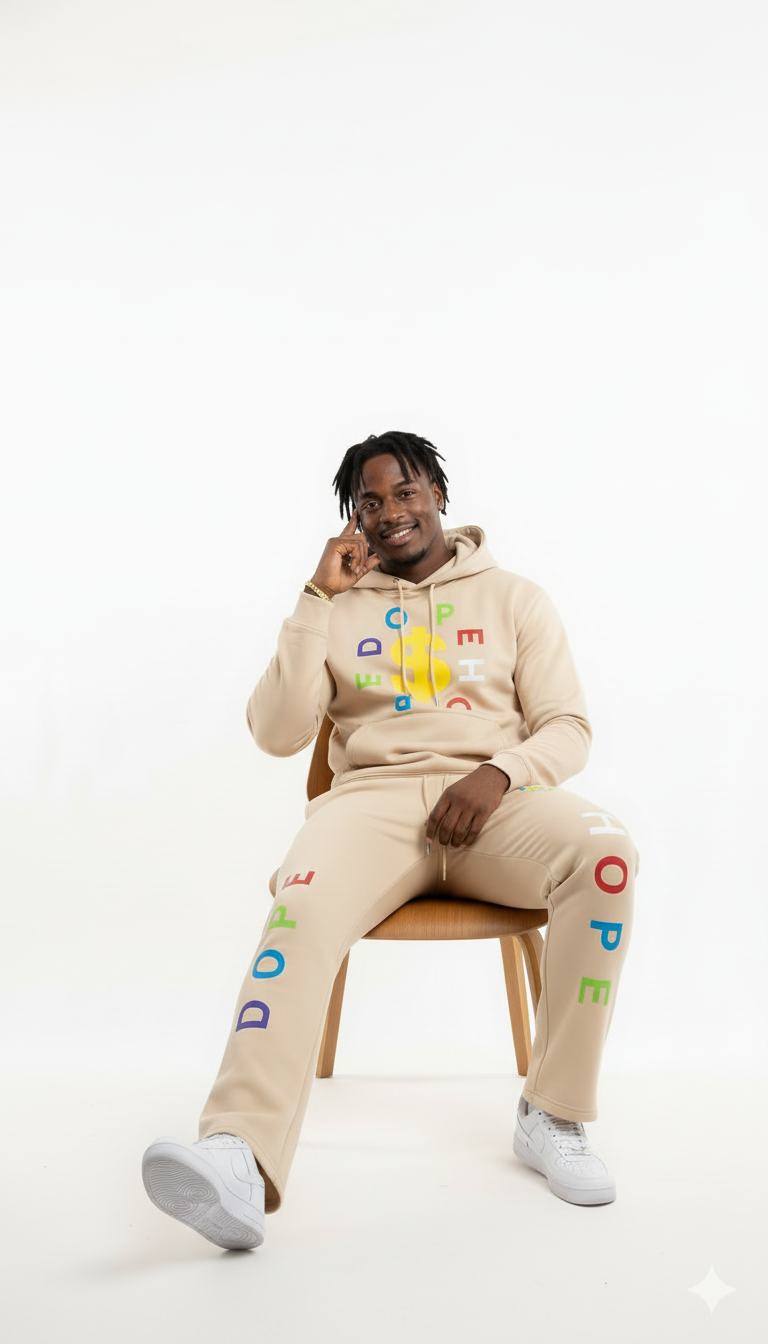 Person wearing a beige hoodie and pants with colorful text, sitting on a chair against a white background
