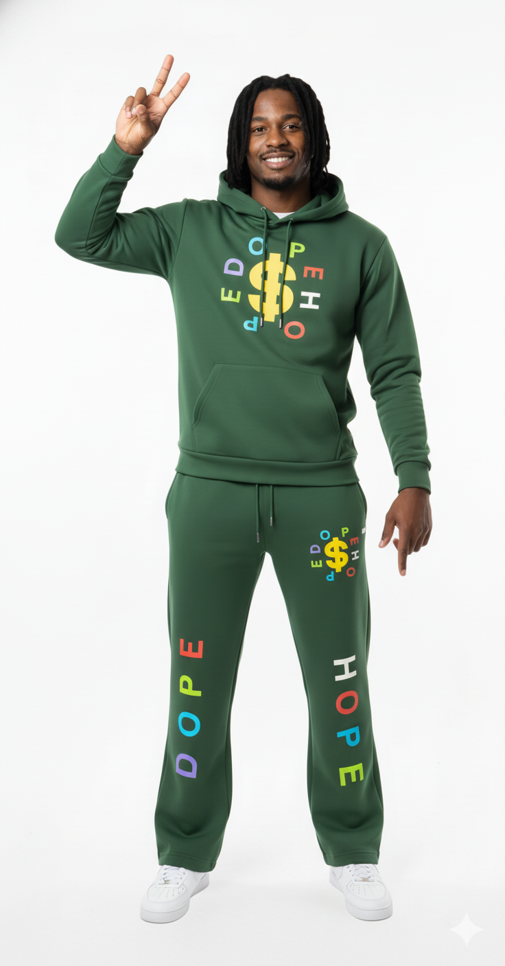"Dope Hope" Streetwear Black Flare Sweatsuit - Green