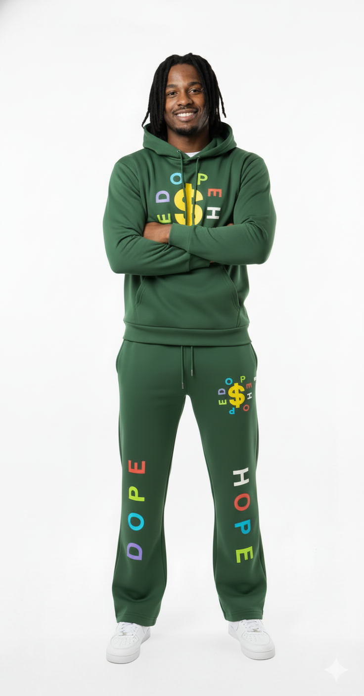 "Dope Hope" Streetwear Black Flare Sweatsuit - Green