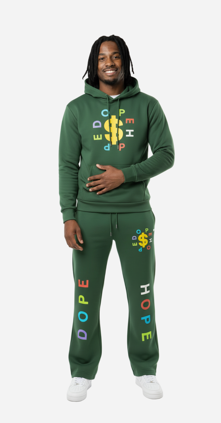 Person wearing a green hoodie and pants with colorful text on a white background