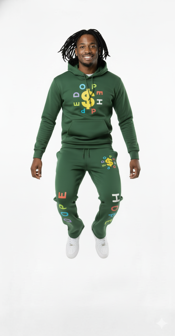 Person wearing a green hoodie and pants with colorful text and symbols on a white background