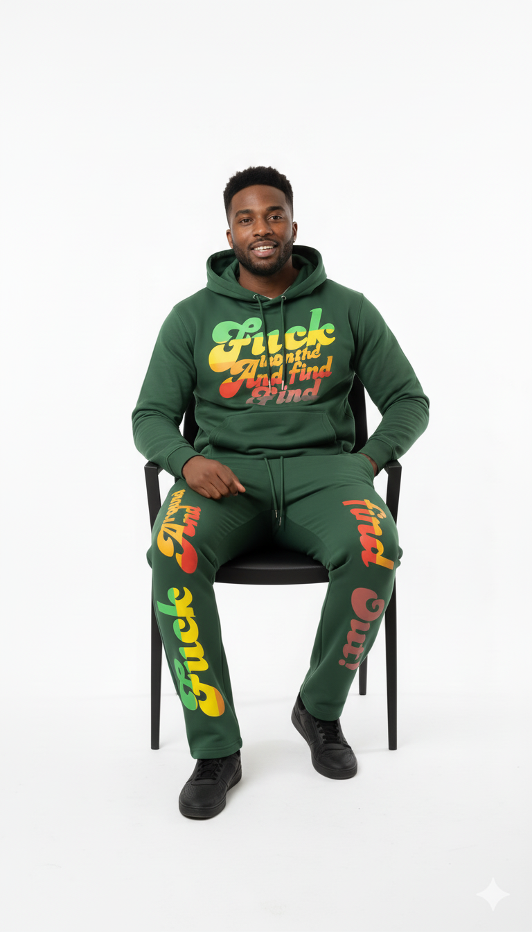 Person wearing a green hoodie and pants with colorful text sitting on a chair against a white background