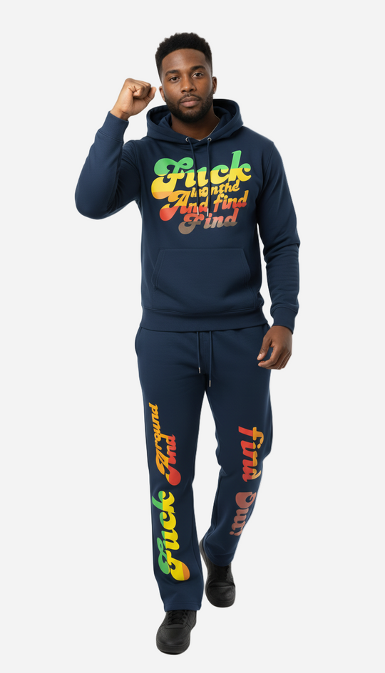 Person wearing a navy blue hoodie and pants with colorful text design on a white background