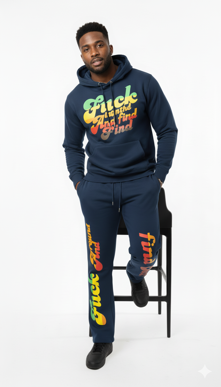 Person wearing a navy blue hoodie and jogger set with colorful text on a white background