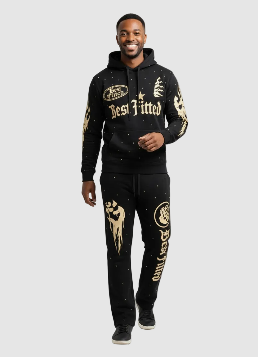 Man wearing a black and gold tracksuit with 'Best Fitted' branding on a white background