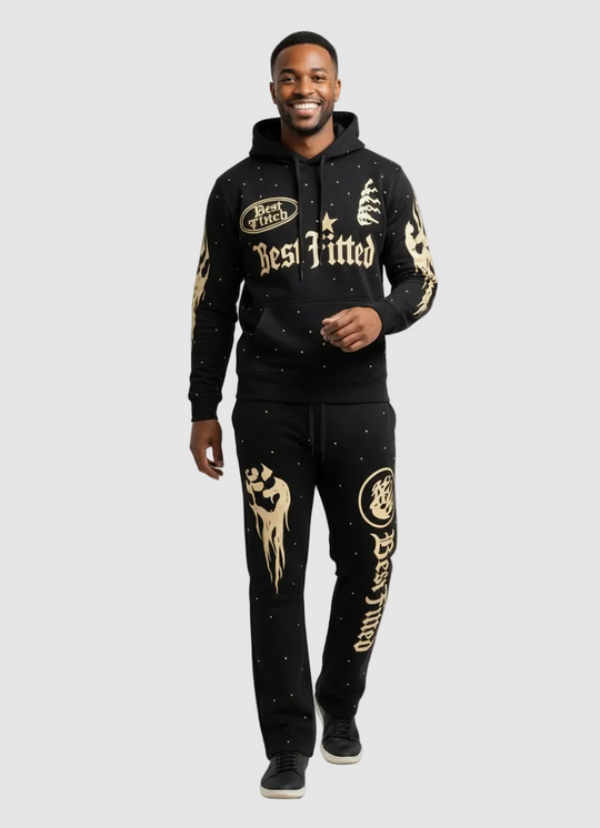 Man wearing a black and gold tracksuit with 'Best Fitted' branding on a white background