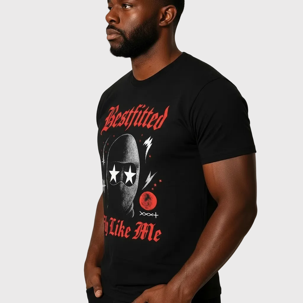Bestfitted "Fly Like Me" Graphic T-Shirt | Black Urban Streetwear Tee with Gothic Lettering & Ski Mask Design