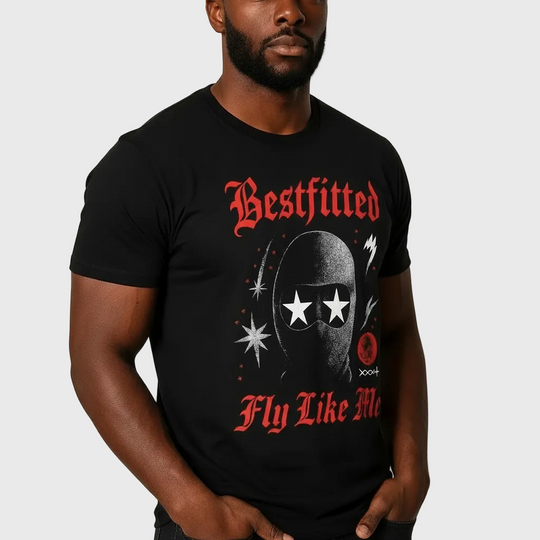 Bestfitted "Fly Like Me" Graphic T-Shirt | Black Urban Streetwear Tee with Gothic Lettering & Ski Mask Design