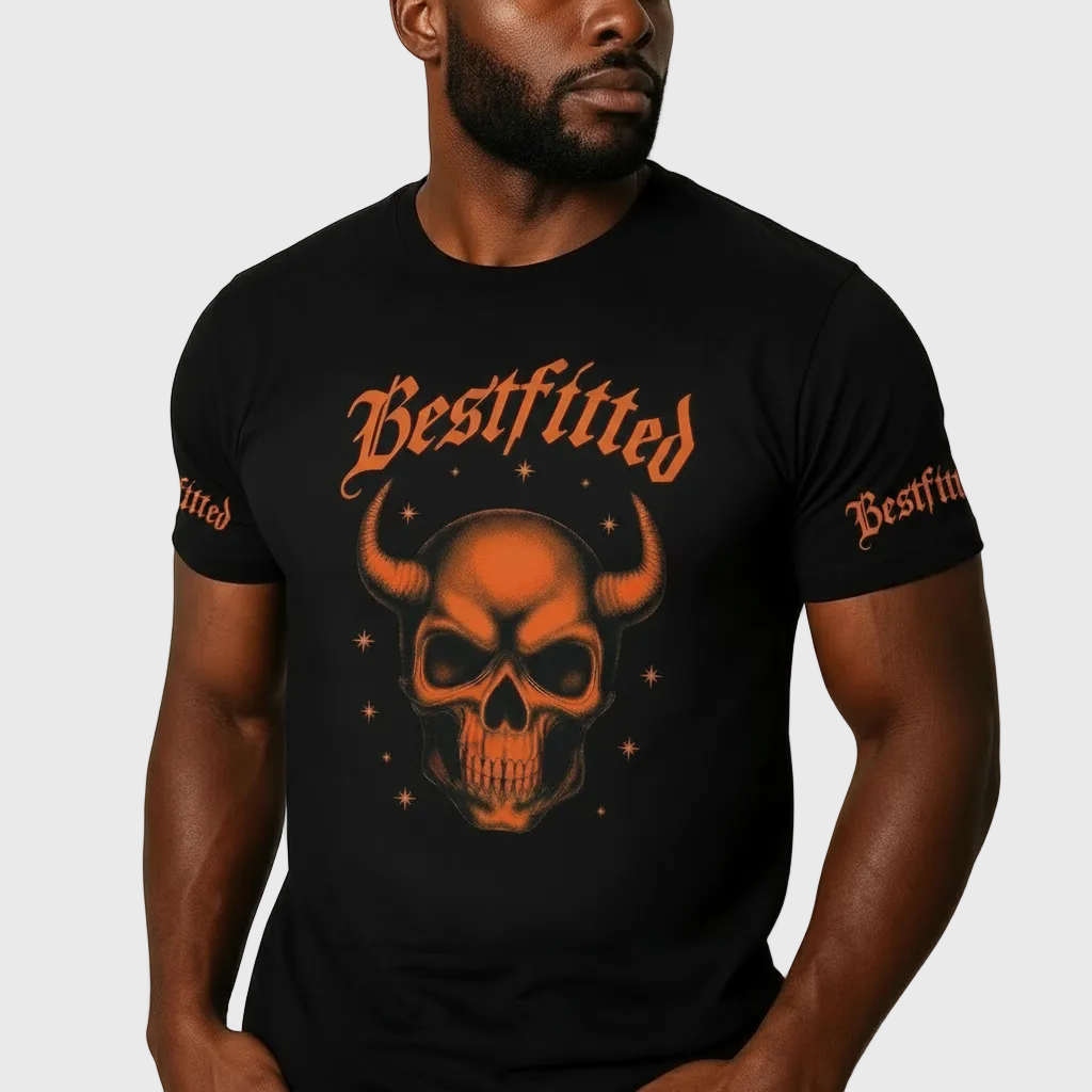 Man wearing a black t-shirt with a skull design and 'Bestftted' text.