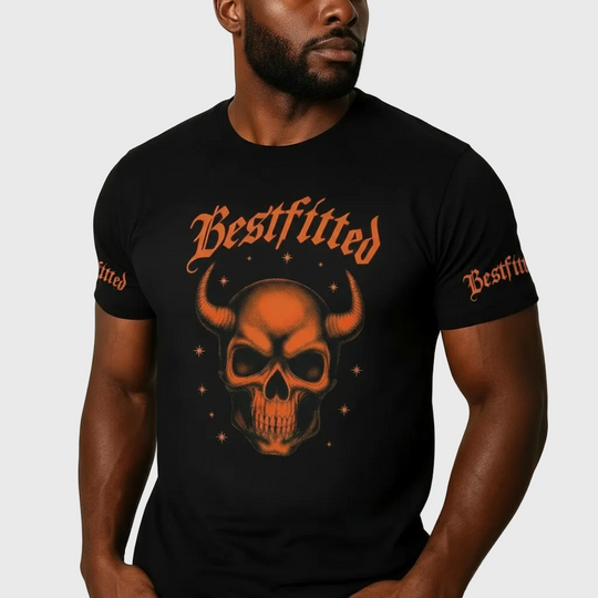 Man wearing a black t-shirt with a skull design and 'Bestftted' text.