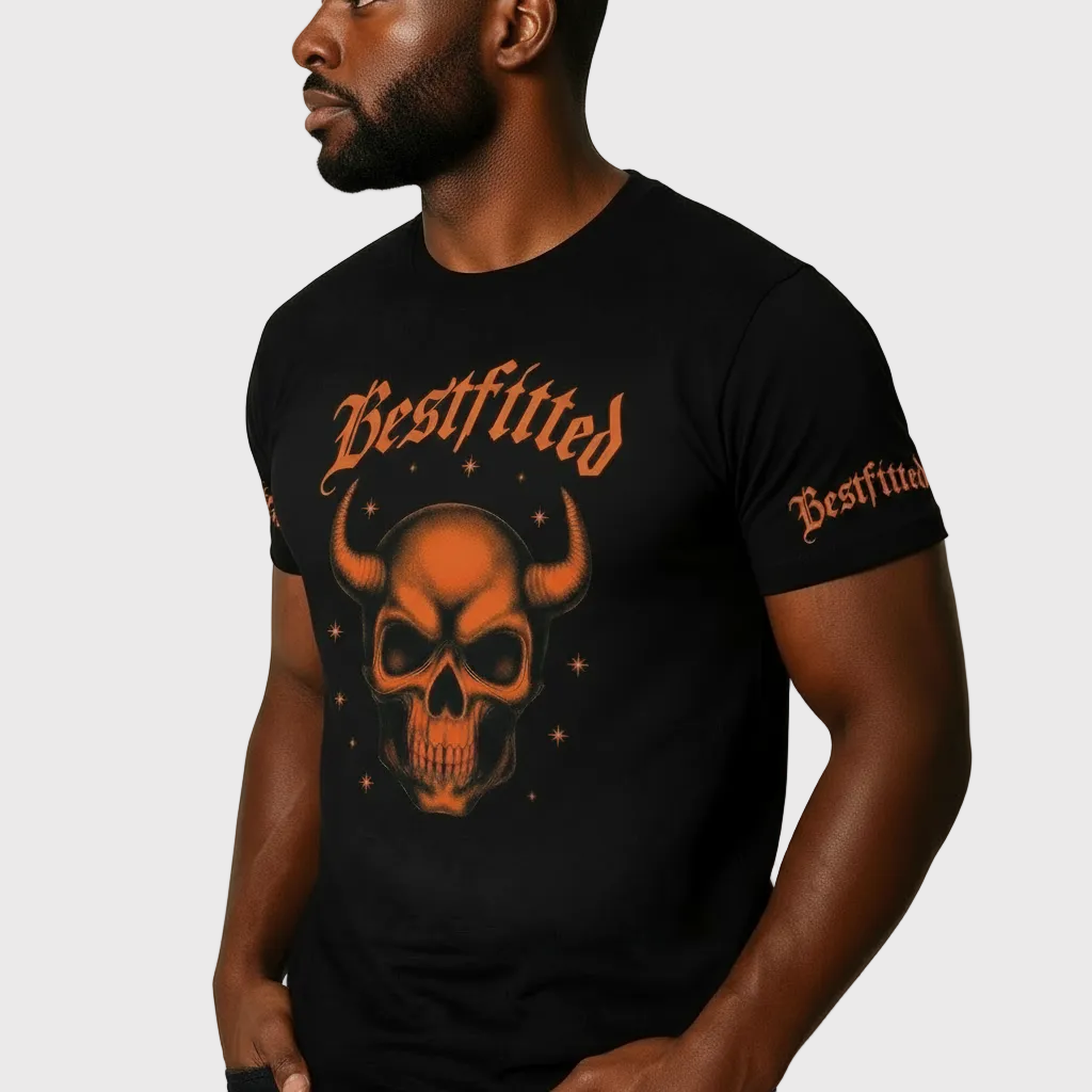 Men's Gothic Streetwear T-Shirt - Bestfitted Orange Skull Graphic & Sleeve Print