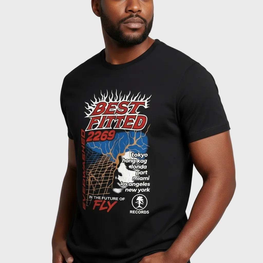 Person wearing a black t-shirt with graphic design and text