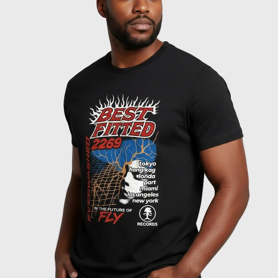 Person wearing a black t-shirt with graphic design and text