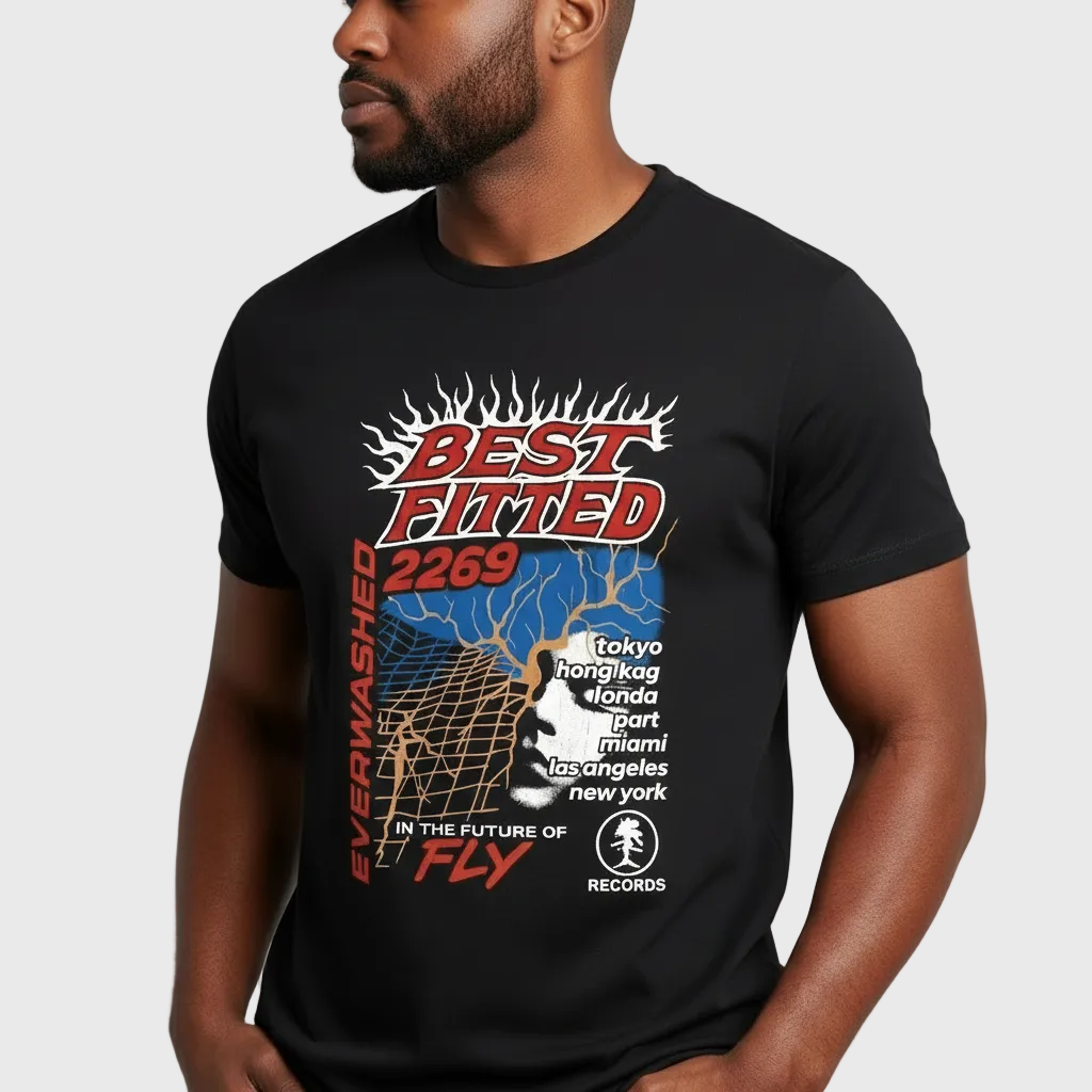 Man wearing a black t-shirt with graphic design and text