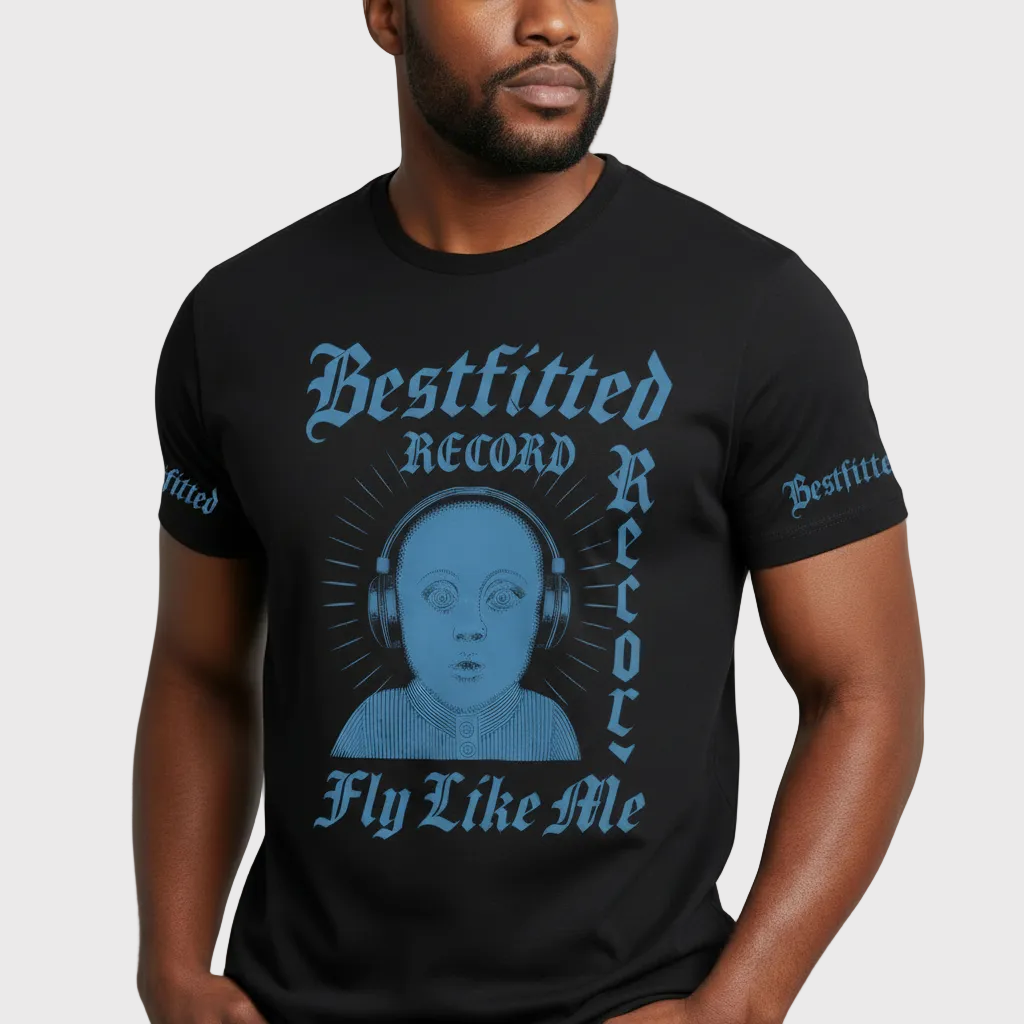 Person wearing a black t-shirt with blue graphic design and text on a plain background