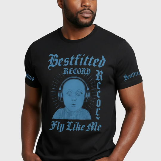 Person wearing a black t-shirt with blue graphic design and text on a plain background