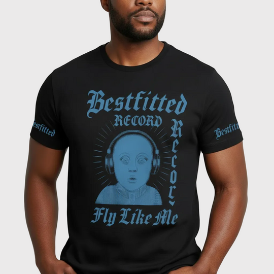 Person wearing a black t-shirt with blue graphic and text on a plain background