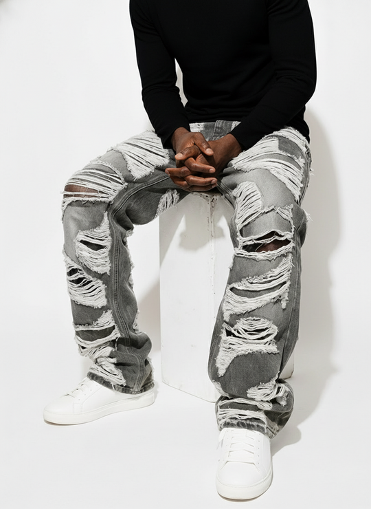 Iron Ash Distressed "Spider-Web" Heavy Shredded Baggy Jeans