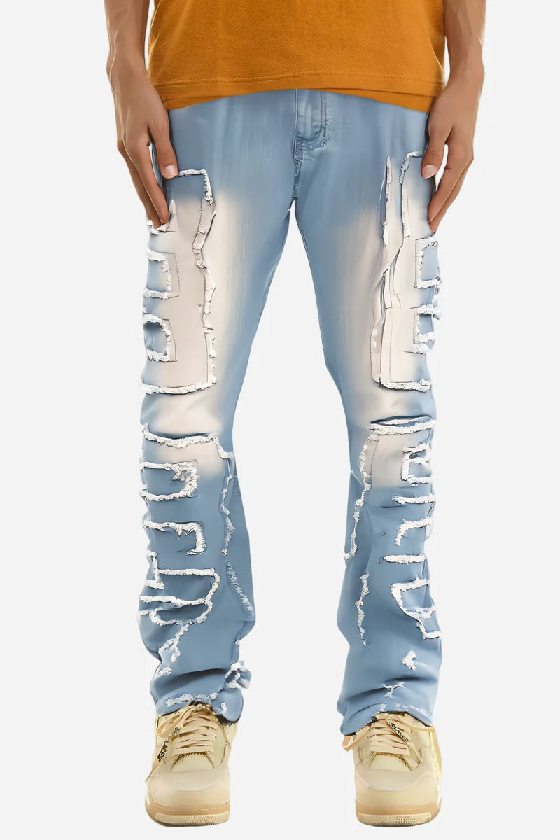 Light blue distressed jeans worn by a person on a white background