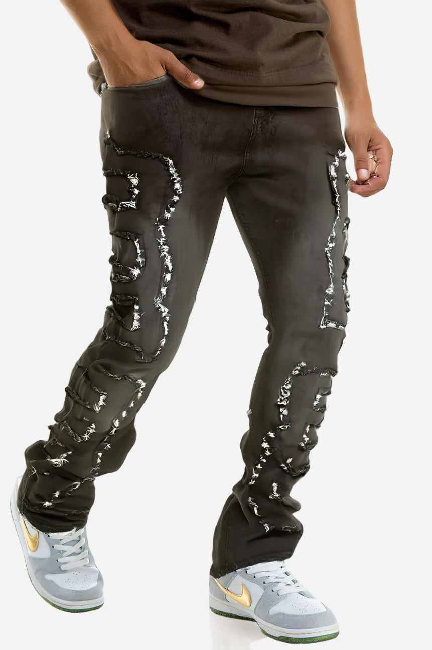 Rugged Urban Distressed Jeans - Best Fitted Black Stack with Fringe Cuts
