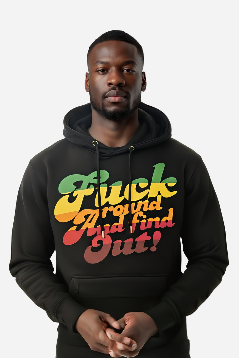 Man wearing a black hoodie with colorful text design on a white background