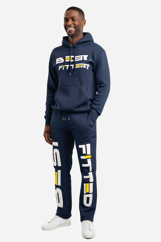 Person wearing a navy blue hoodie and pants with 'Fitted' branding on a white background
