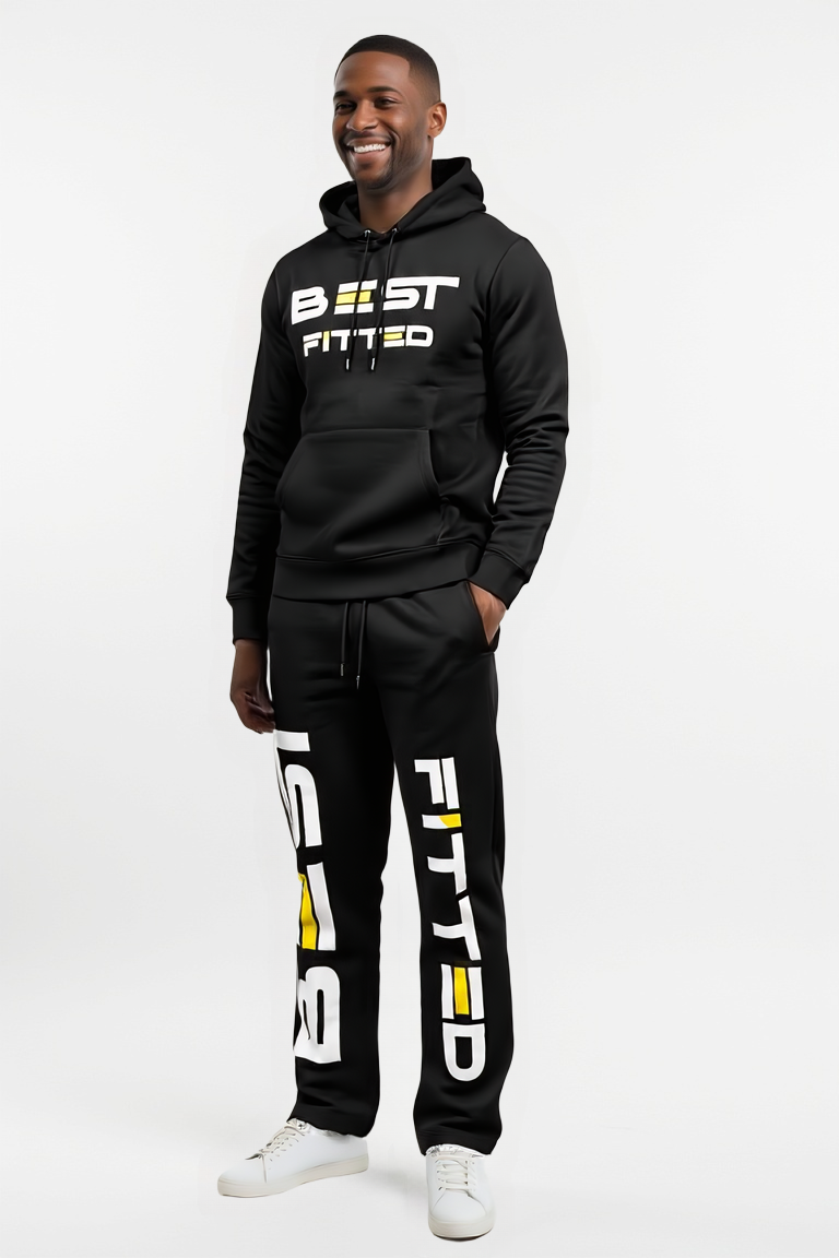 Man wearing a black tracksuit with 'Best Fitted' branding on a white background